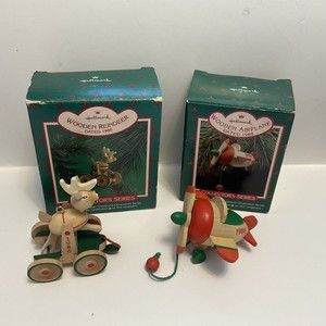 Hallmark Wooden Christmas Ornament Dated 1986 Reindeer, 1988 Airplane